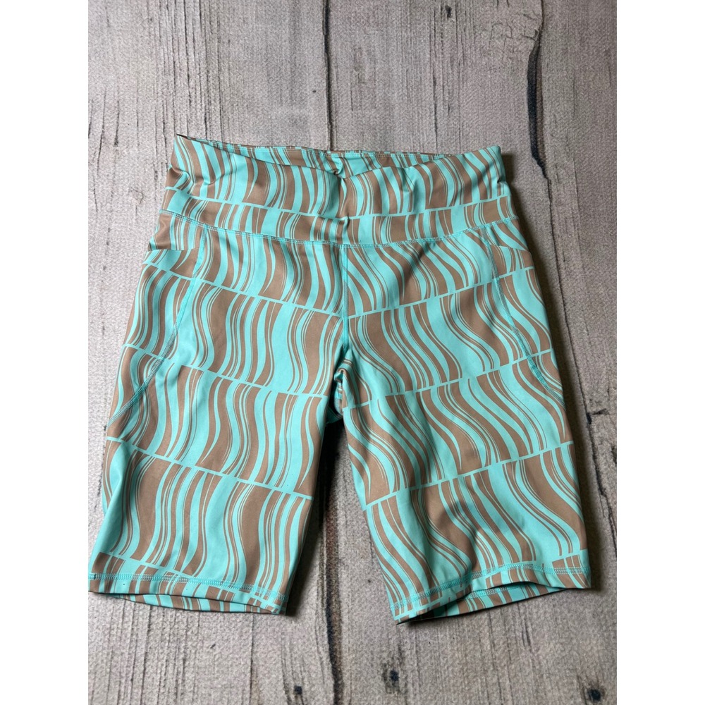 Ideology Biker Shorts Womens 1X Teal Brown Abstract Wave Athletic Gym Active